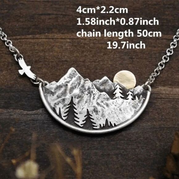 Silver Bohemian Mountain Valley Pines Moon Sunset Boho Landscape Necklace - Picture 5 of 7